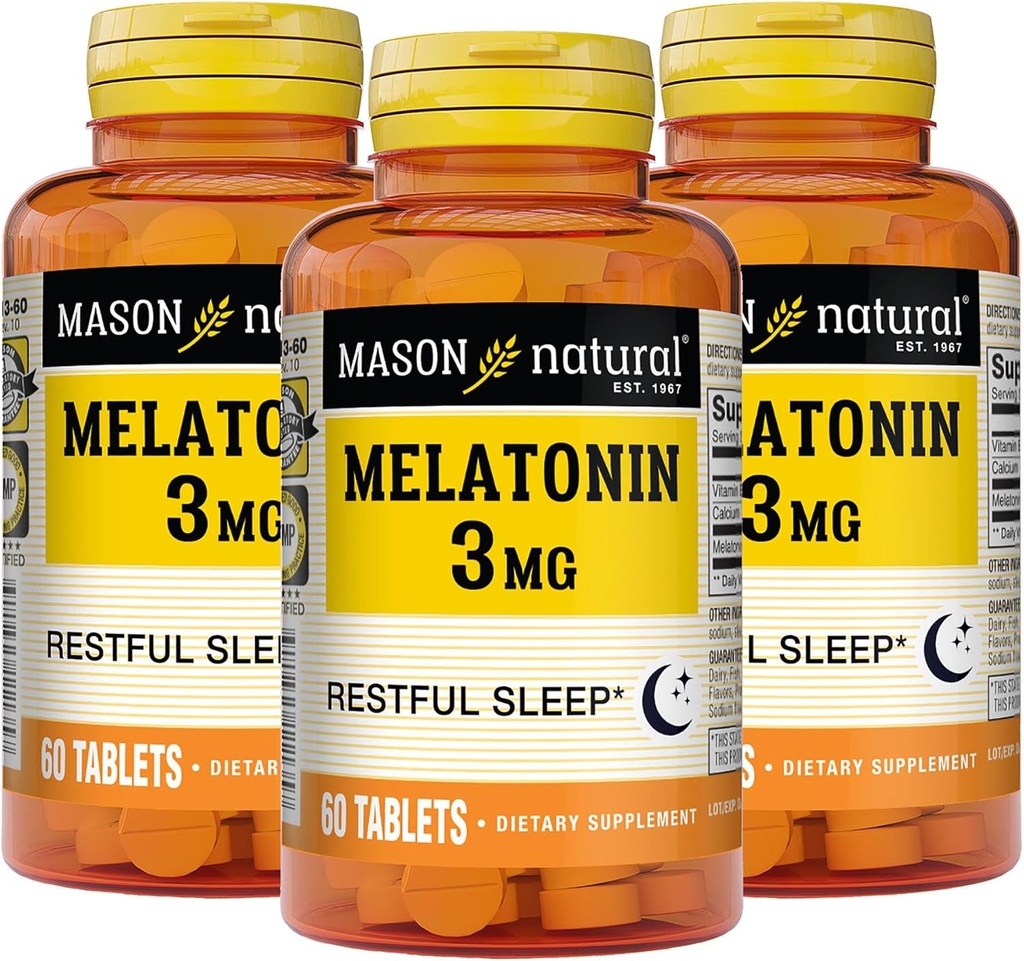 MASON Melatonina NATURAL 3 mg con B6 &amp; Calcio, Ayuda natural al sueño, apoya el sueño relajante, 60 tabletas (Pack of 3)