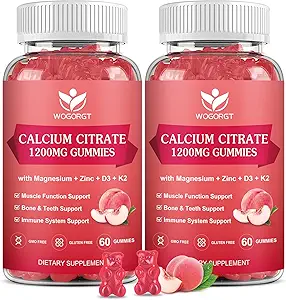 Calcio Citrato 1200mg Gummies con vitamina D3, K2 - Calcio Chewable Magnesio Zinc d3 Suplemento con el Extracto de Moss Mar para el Hueso, Dientes, Apoyo Inmunitario para Hombres, Peach Flavor-60 Gummies(2Pack)