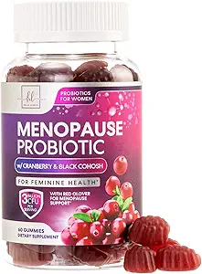 Suplementos de menopausia para Mujeres Gummies - con Cohosh Negro, Cranberry 3 billón de probióticos CFU - Balance completo de alivio de la menopausia para Flashes calientes, sudaderas nocturnas, apoyo de salud vaginal - 60 Gummies
