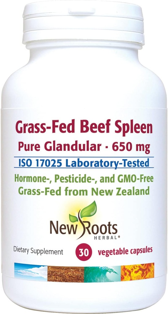 NEW ROOTS HERBAL Grass-Fed Beef Spleen (30 Veg caps) 650 mg ← Grass-Fed New Zealand Freeze Dried Beef Spleen Supplement TEN soporta Immunity, Spleen Function ← Non-GMO