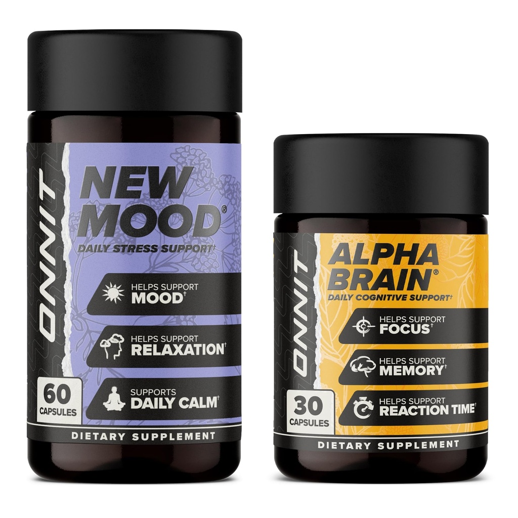 ONNIT Premium Alpha Brain Bundle - Suplemento Nootropic Brain (30 Conde) para Focus, Concentration &amp; Memory + Nuevo Mood Suplemento para Stress Relief, Sleep and Mood (60 Conde)