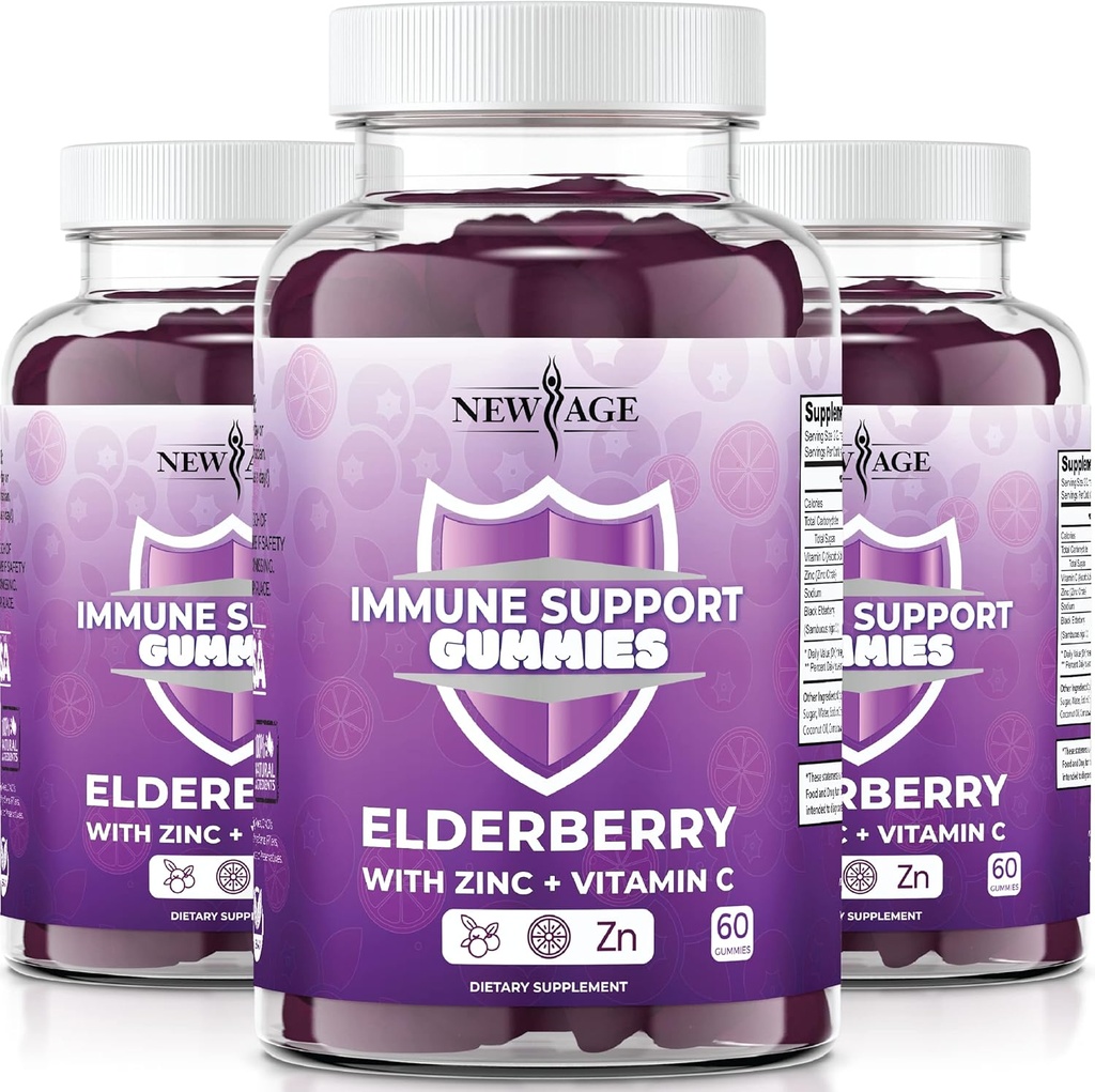 NEW AGE Immune System Support Gummies - Sambucus Black Elderberry Gummies with Vitamin C and Zinc (Inmune Support 180 Gummies)