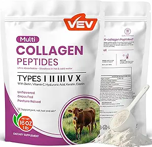 Péptidos multi colágeno VEV Polvo, 16 oz (41 Servimientos) – Tipo I, II, III, V, X, Collagen hidrolizado, Potencia de ácido hialurónico, Biotina, vitamina C, soporta la piel, desarmado, disuelve fácilmente