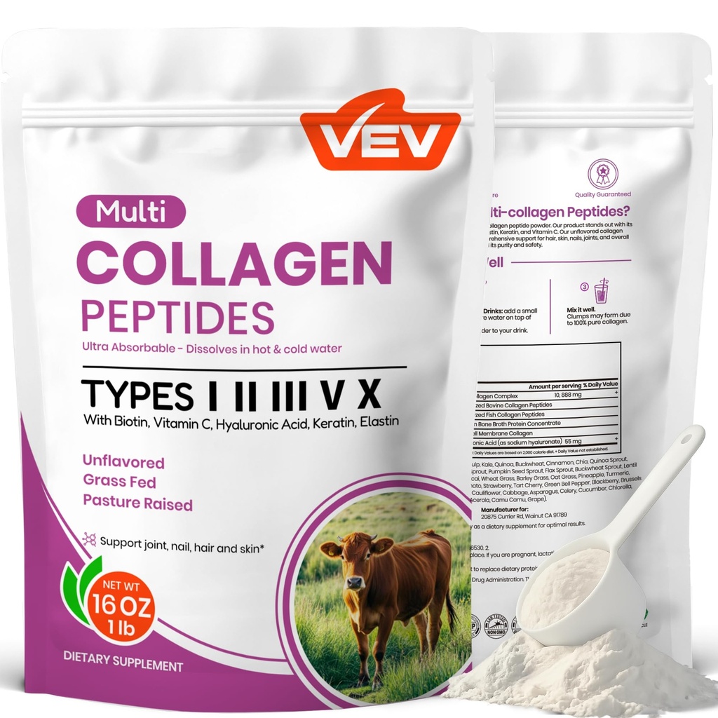 Péptidos multi colágeno VEV Polvo, 16 oz (41 Servimientos) – Tipo I, II, III, V, X, Collagen hidrolizado, Potencia de ácido hialurónico, Biotina, vitamina C, soporta la piel, desarmado, disuelve fácilmente