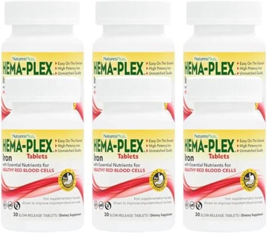 NaturesPlus Hema-Plex Iron - 30 Tablas de liberación sostenidas, Pack de 6-85 mg Hierro Elemental - Sangre Total - con Vitamina C & Bioflavonoides - Vegan, Gluten Gratis - 180 Total Servings