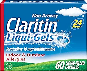 Claritin Liqui-Gels 24 horas Alivio de la Alergia, Medicina de la Alergia No Dura, Capsules Antihistamínico de Loratadina, 60 Conde