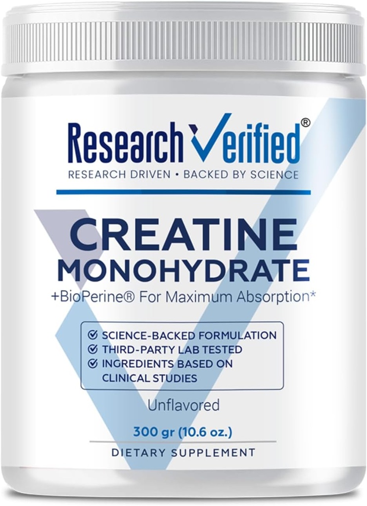 Investigación Monohidrato de Creatina Verificado - Apoyo Crecimiento del Musculo Optimal, Mejora del Rendimiento - 5000 mg Monohidrato de Creatina - BioPerina - 60 Servimientos - Desenflavorado - Vegan