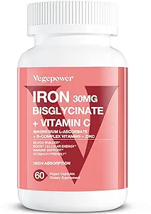 Hierro Bisglycinate, 30mg Vegan Iron Suplemento para Hombres Mujer, Chelated with Vitamin C, B12, Folic Acid - Iron Pills for Anemia, Alta Absorción, Libre de gluten, Non-GMO - 60 cápsulas