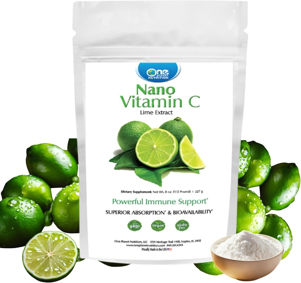 Un planeta Nutrición Nano Vitamina C Powder 8 oz (227 Servings), Ácido ascórbico del Extracto de Lime, Nano para la Absorción Mejorada, apoya la producción de colágeno &amp; Salud Inmuna, No GMO, Vegan