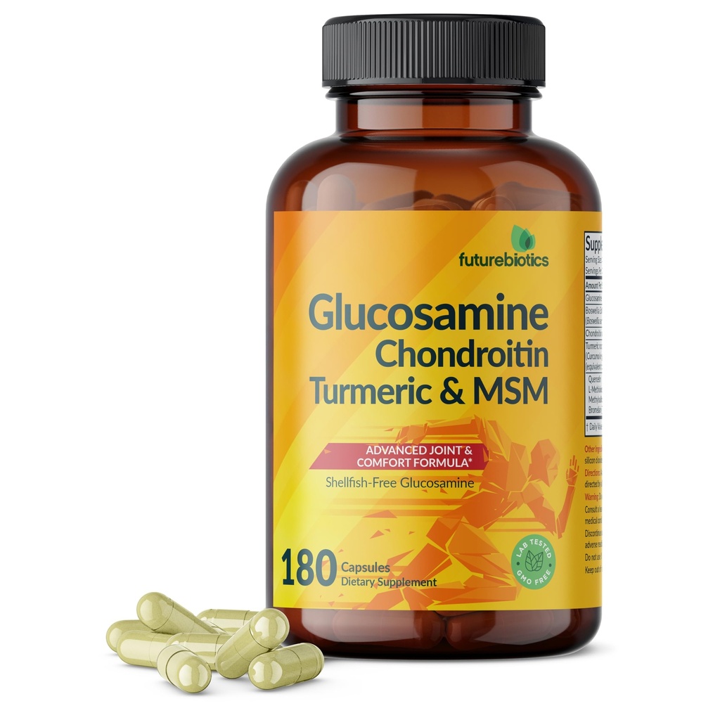 Futurebiotics Glucosamine Chondroitin Turmeric & MSM Advanced Joint Formula, Supports Healthy Joints & Mobility - Non-GMO, 180 Capsules