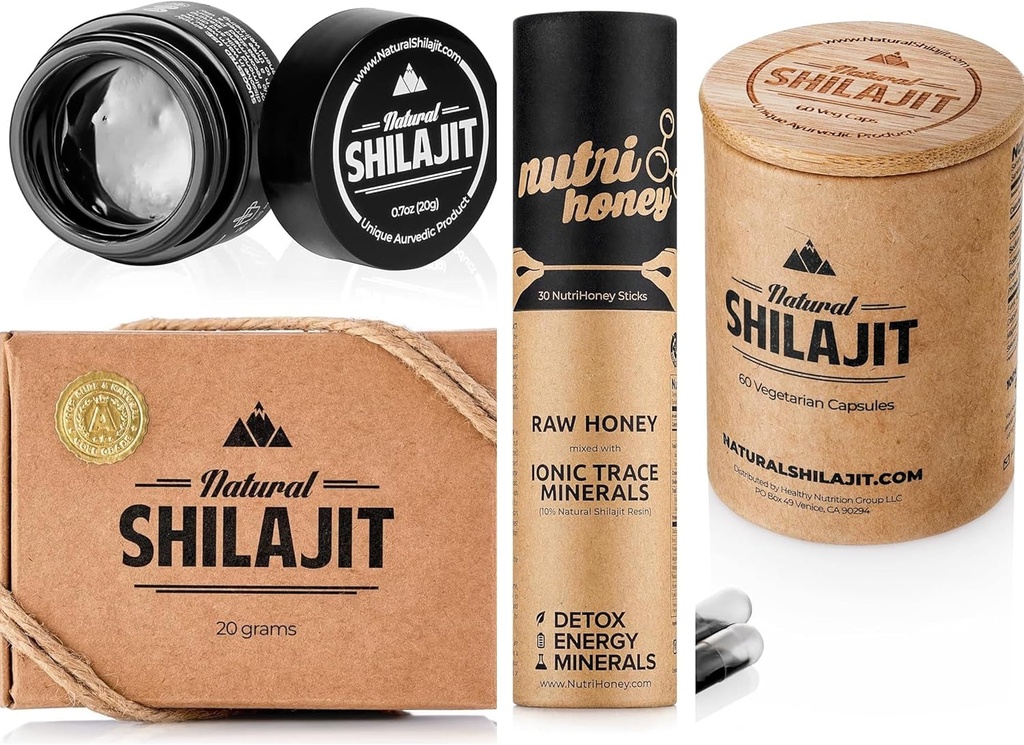 NATURAL SHILAJIT Resin 20G, Shilajit Honey Sticks 30 Conde Capsules 60 Conde
