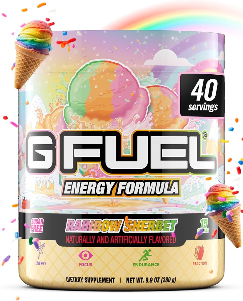 G Fuel Rainbow Sherbet Energy Drink Powder, Pre Workout Caffeine Mix for Gaming, Sugar Free Focus Amino, Vitamina + Antioxidantes, 9.9oz (Rainbow Sherbet, 40 Servings)