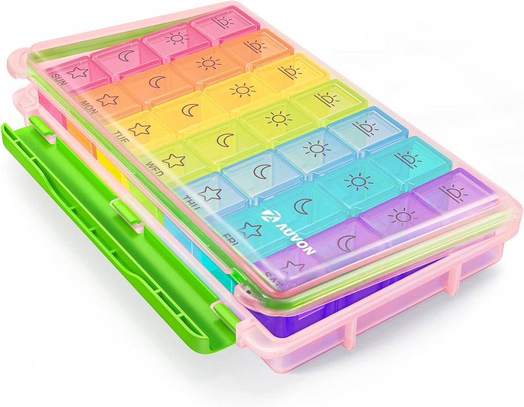 AUVON iMedassist Moisture-Proof Weekly Pill Organizer 4 veces al día, gran caja de 7 días con diseño portátil para viajes, contenedores individuales extraíbles tienen vitaminas, suplementos, medicamentos