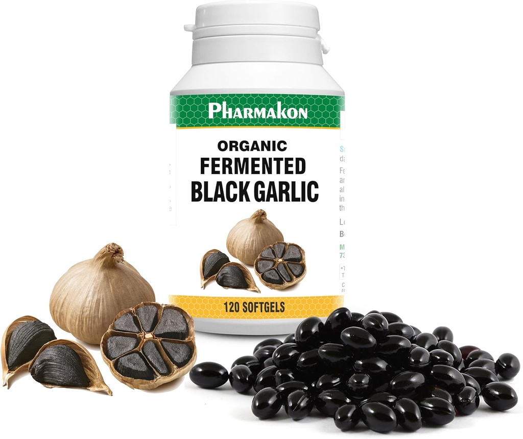 PHARMAKON Ajo negro envejecido orgánico, cápsulas blandas biodisponibles, todo, olor reducido (120 conteo)