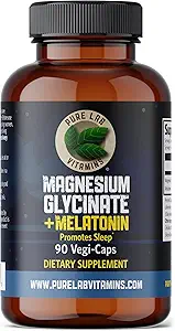 Magnesium Glycinate with Melatonin 3 mg - 90 Vegan Caps by Pure Lab Vitamins - Helps with Jet Lag and Sleep Cycles 🍁 Made in Canada