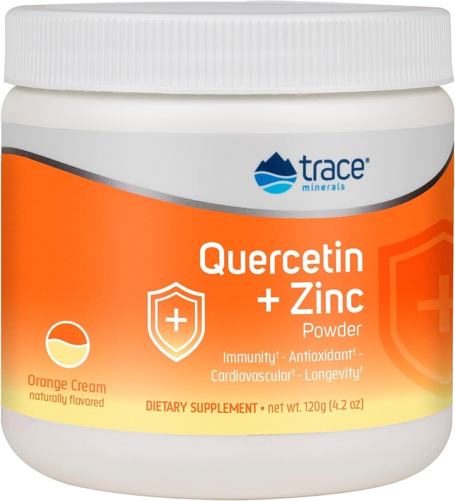 Trace Minerals Quercetin Plus Zinc Powder - Suplemento Antioxidante para Apoyo Inmunitario - Suplemento Mineral Ayudas Salud Cardiovascular - Incluye Vitamina C & Ionic - Crema Naranja, 120g (30 Servimientos)
