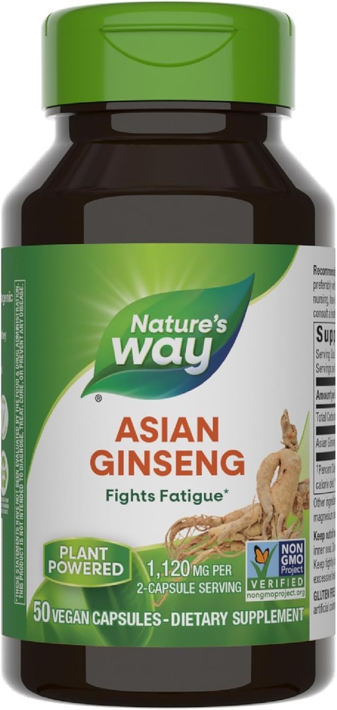 Camino de la Naturaleza Ginseng asiático, Lucha Fatiga*, 1,120mg Por 2 cápsulas Servir, Proyecto no OGM Verificado, Vegan, 50 cápsulas (Paquete Mayo Vary)