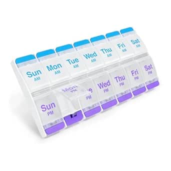 EZY DOSE Push Button (7-Day) Pill Case, Medicine Planner, Daily Vitamin Organizer, 2 Times a Day AM/PM, X-Large Compartments, Artritis Friendly, Easy to use, Clear Lids, Purple and Blue, BPA Free