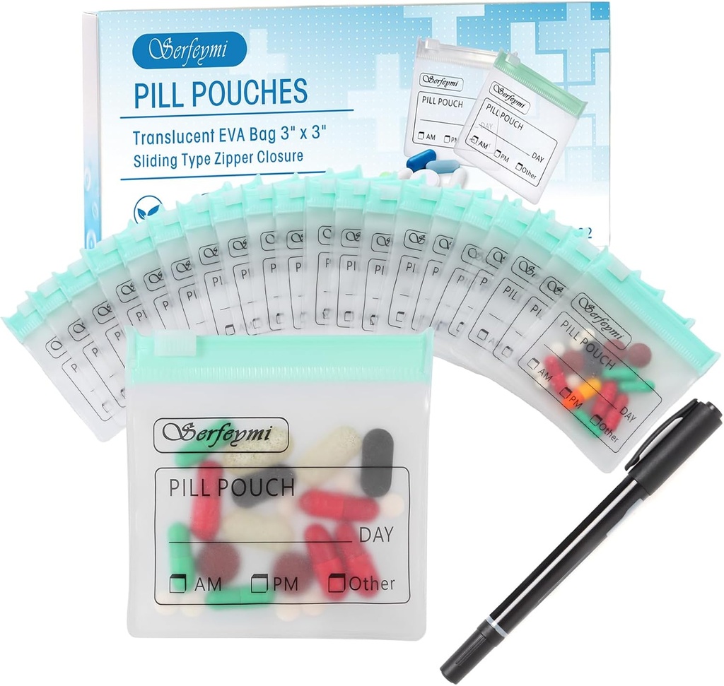 Serfeymi 32 Pcs Zippered Pill Pouches Organizer Plastic Bags 3 X 3 Inches 12 mil Self Sealing with Slide Lock Writable Label Translucent Travel Medicine Storage Bag Case and 1 Pc Marker-Green