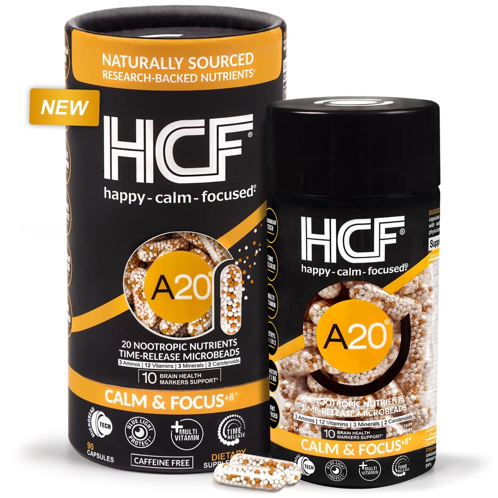HCF A20 Micro suplementos de salud cerebral para adultos para memoria, enfoque, calma, humedad, alerta, atención, visión, sueño, sistema inmunitario, 20 Nutrientes nootrópicos Premium Multivitamin & 7 Advances® Tech