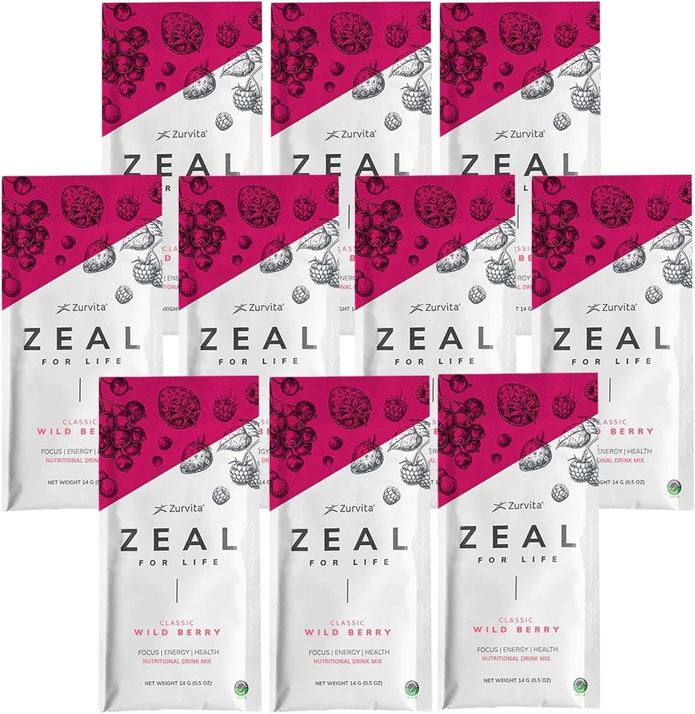 Zurvita - Zeal for Life Wellness Drink Mix - Wild Berry (Classic) Flavor - Gluten-Free, Vegan, con vitaminas y minerales - 10 Single Packets
