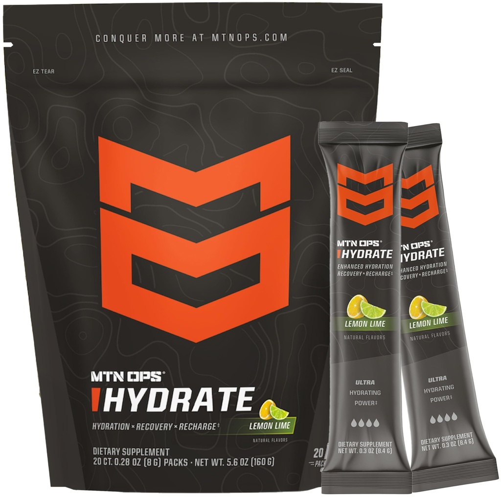 MTN OPS Hydrate Electrolytes Powder Drink Mix, 20 Single Serving On-The-Go Electrolyte Packs with Over 1000mg of Electrolytes per Serving, Lemon Lime