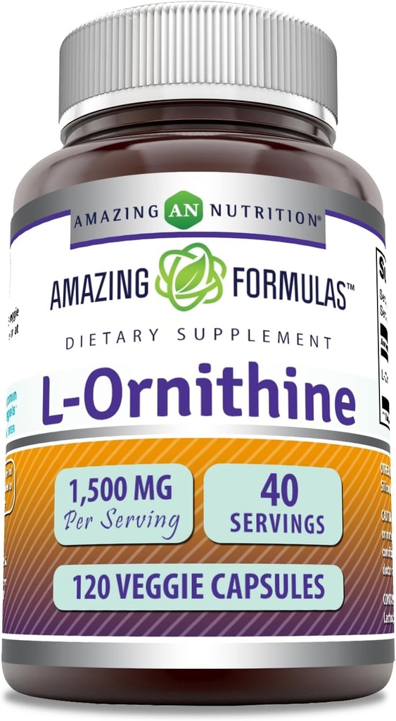 Amazing Formulas L-Ornithine 1500 Mg Per Serving Veggie Capsules Supplement | Non-GMO | Gluten Free | Made in USA (120 Count)