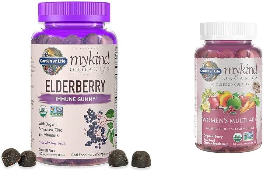 Garden of Life Organics Elderberry Gummies for Adults &amp; Kids - Immune Support Supplement with Organic Fruit &amp; Organics Women 40+ Gummy Vitamins - Berry - Certified Organic