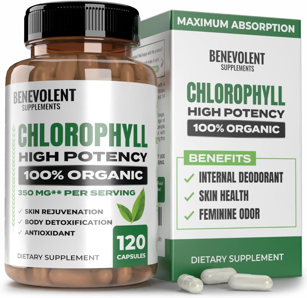 Benevolent Chlorophyll Capsules 350mg - 100% Natural + Ultra Chlorophyll 20x Potency Concentration for Energy Boost, Immune Support, Internal Deodorant, Skin Health, Non-GMO, 120 cápsulas