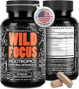 Wild Focus Brain Supplements | Caffeine-Free, Plant-Based Botanicals | Lions Mane, Ginkgo Biloba, Bacopa Monnieri, Lemon Balm | 100% Natural Nootropic | 60 caps