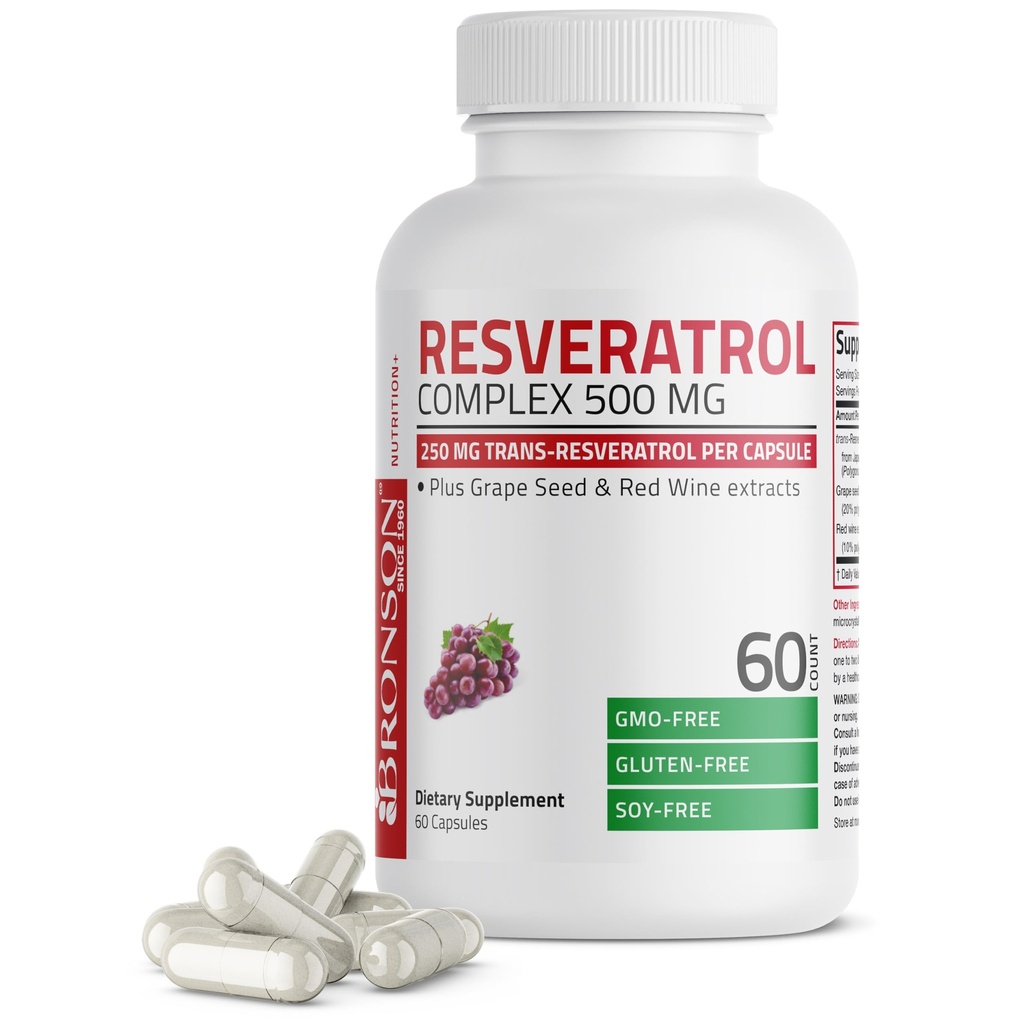 Bronson Resveratrol 500 Complex Standardized Trans-Resveratrol + Grape Seed & Red Wine Extract, 60 Capsules