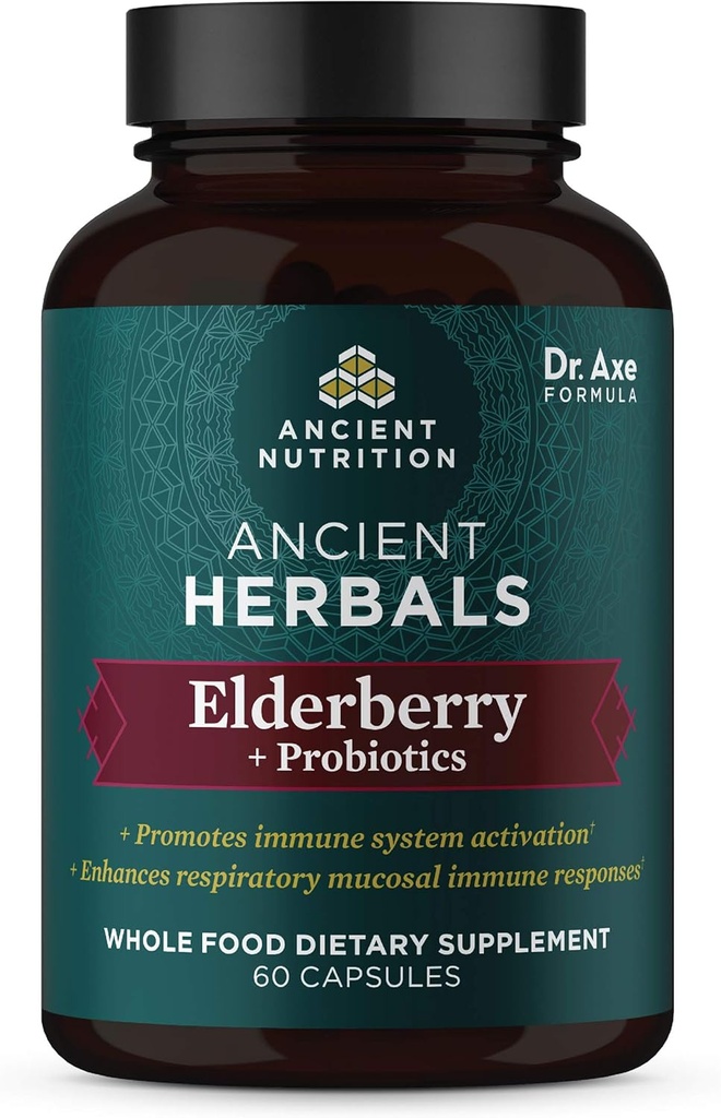 Antigua Nutrición Elderberry y Probióticos Suplemento, Antiguos Herbals Black Elderberry Capsules, Immune System Support, Whole Food Supplement, Gluten Free, Paleo y Keto Friendly, 60 cápsulas