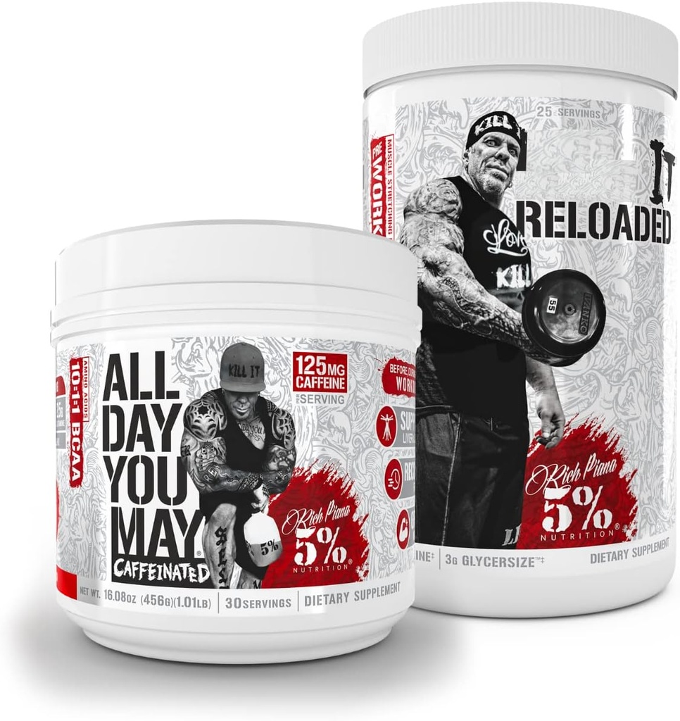 5% Nutrition Rich Piana Bundle | AllDayYouMay Caffeinated BCAA Powder + Kill It Reloaded High-Stim Pre-Workout (Fruit Punch)