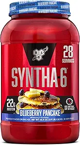 BSN SYNTHA-6 Premium Protein Powder con 6g de fibra, Whey Protein, Micellar Casein, Milk Protein Isolate Blend, 5g Fat, Blueberry Pancake, 28 Servings (Packaging May Vary)