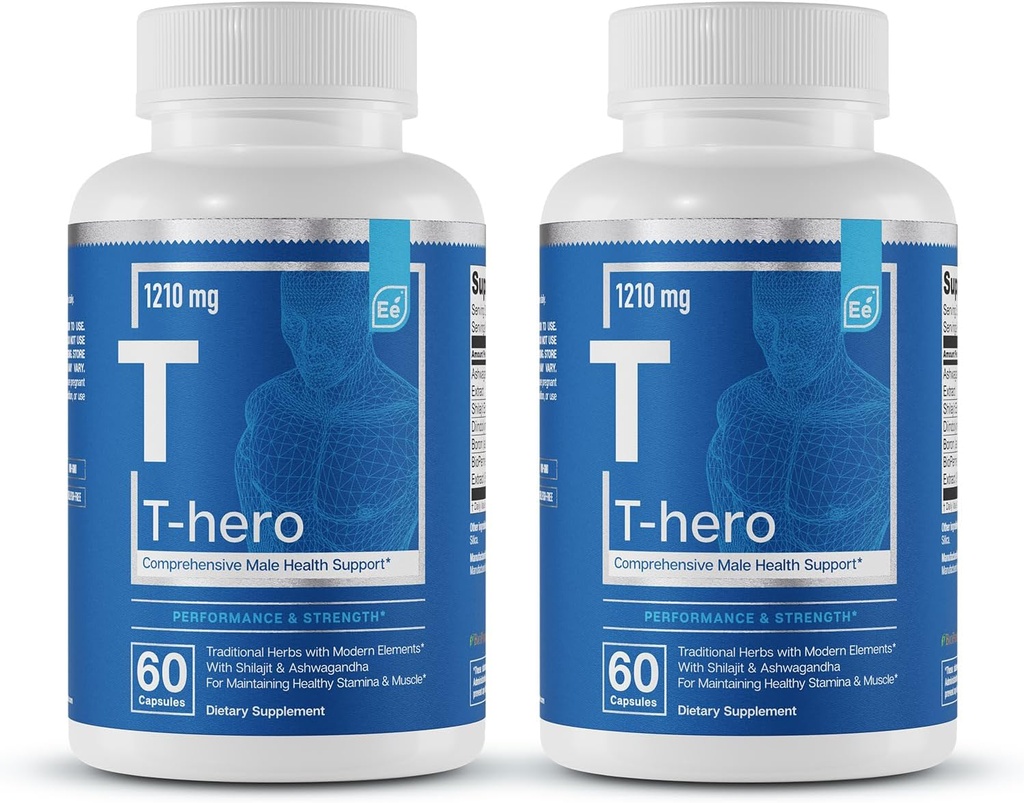 Elementos esenciales T-Hero - Soporte diario de testosterona para hombres - promueve la vibración " Drive - con Ashwagandha, Shilajit, Boron, DIM - 60 Cuenta - 30 Servimientos (2-Pack)