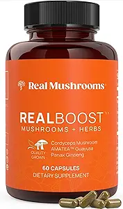 Real Mushrooms RealBoost Capsules – Cordyceps Mushroom, Panax Ginseng & Guayusa Extract – for Overall Wellness & Energy Support – Vegan, Non-GMO, No Fillers – 60 Count Mushroom Supplement Blend