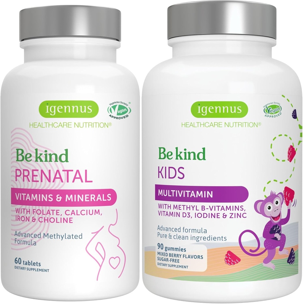 High Absorption Methylated Prenatal + Advanced Kids Multivitamin Gummy Vegan Bundle, Clean Label with Vitamin A, B, C, D3 &amp; E, 60 Tablets + 90 Berry Flavor Gummies, Be Kind by Igennus