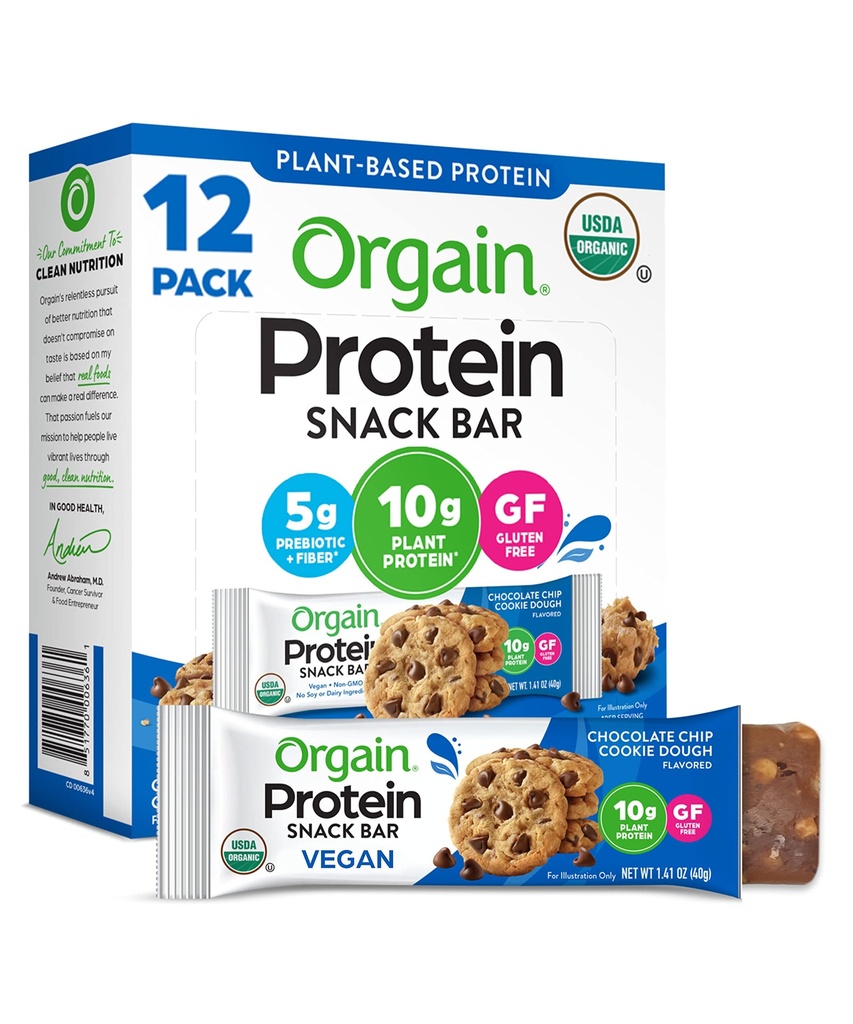 Orgain Orgain Organic Vegan Protein Bares, Chocolate Chip Cookie Dough - 10g Plant Based Protein, Baja Calorie Healthy Snacks, No Lactose o Soy Ingredientes, Gluten Free, Non-GMO - 1.41 Oz (Pack of 12)
