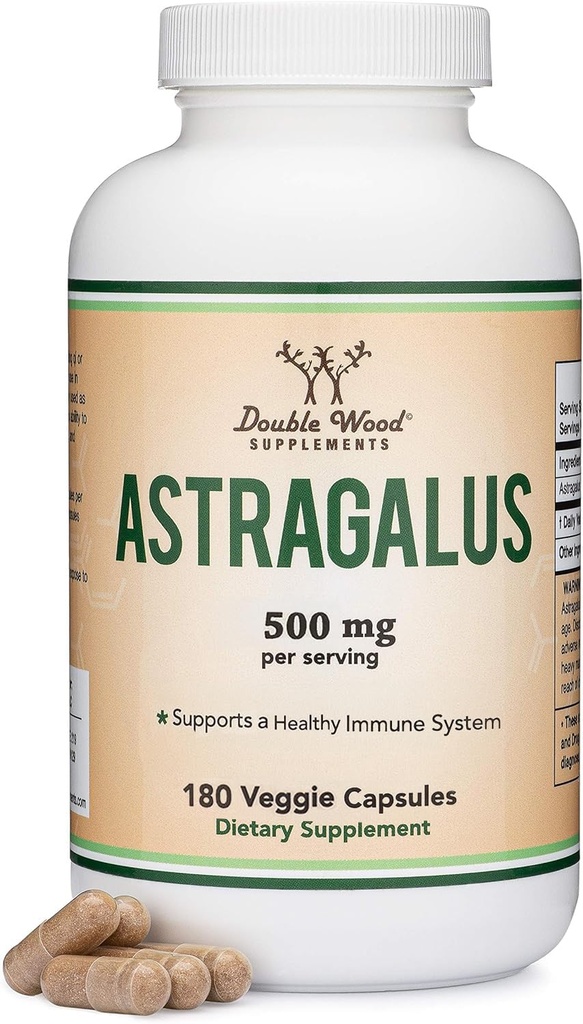 Suplementos de madera doble Inmune Boosting Astragalus 500mg 180 Capsules - Rich in Flavonoids and Polysaccharides - Non-GMO, Gluten Free, Third Party Tested