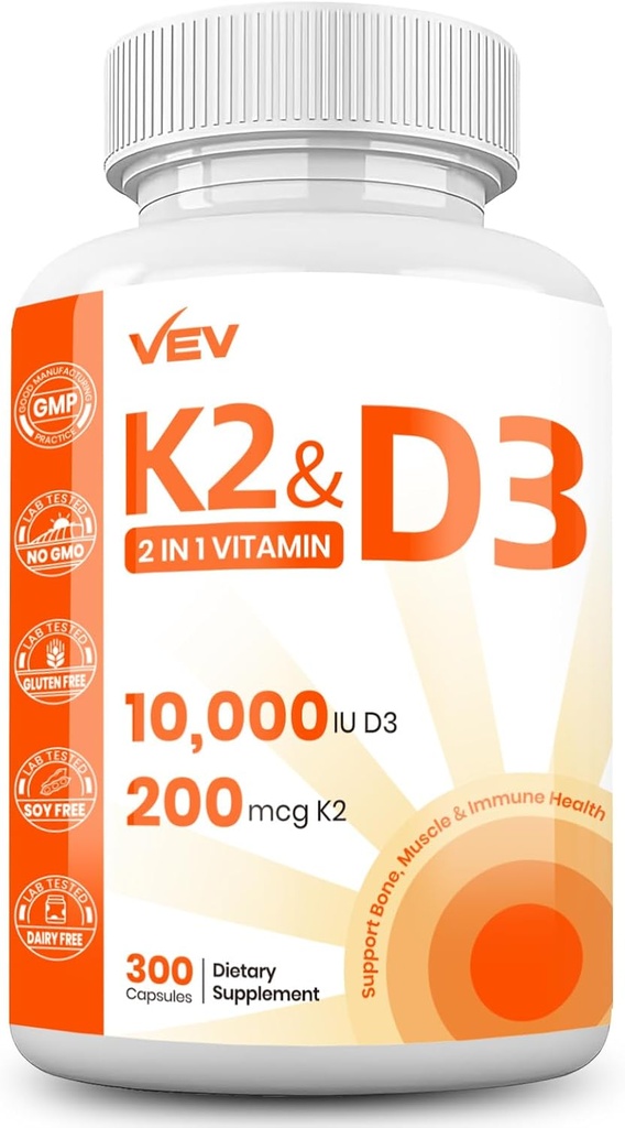 VEV Vitamina D3 K2 – Cápsulas fáciles de cambiar, 300 cápsulas (Paquete mayo Vary)