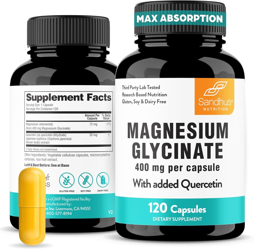 Sandhu Magnesium Glycinate 400mg Cápsulas con Quercetin ← Calidad del sueño, relajación, salud muscular &amp; apoyo inmunitario Silencio 120 Conde (Pack of 1) ← Fácil de Tragar Silencio para Mujeres y Hombres