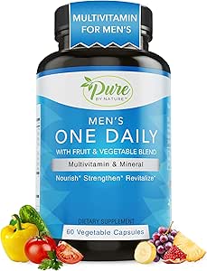Pura por naturaleza Multivitamínico diario para hombres, Suplemento de apoyo inmune con ingrediente no transgénico, vitamina " minerales para la energía, 60 cápsulas vegetales