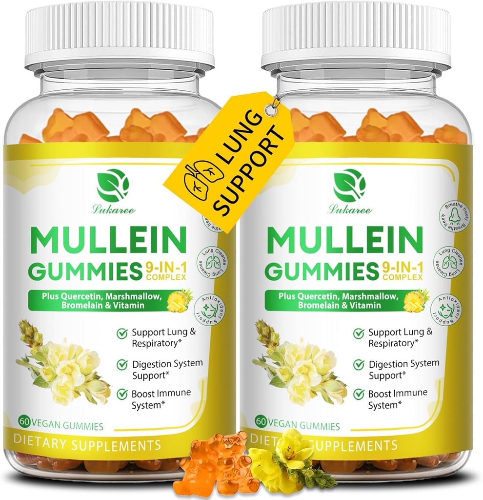 (2 Pack) 9 in 1 Mullein Gummies for Lung Cleanse " Detox, Extra Strength Mullein Leaf Extract w/Quercetin, Bromelain, Elderberry " Marshmallow for Respiratory, Immune " Digestive, Vegan,120 Count