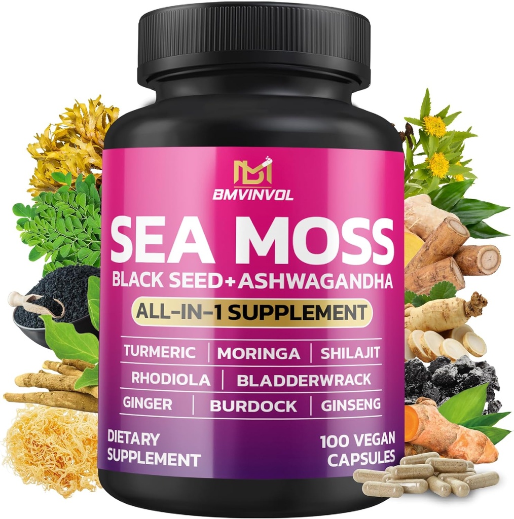 BMVINVOL Sea Moss Black Seed Shilajit Ashwagandha + Bladderwrack, Ginger, Moringa, Turmeric, Burdock, Ginseng, Rhodiola Rosea - 100 cápsulas