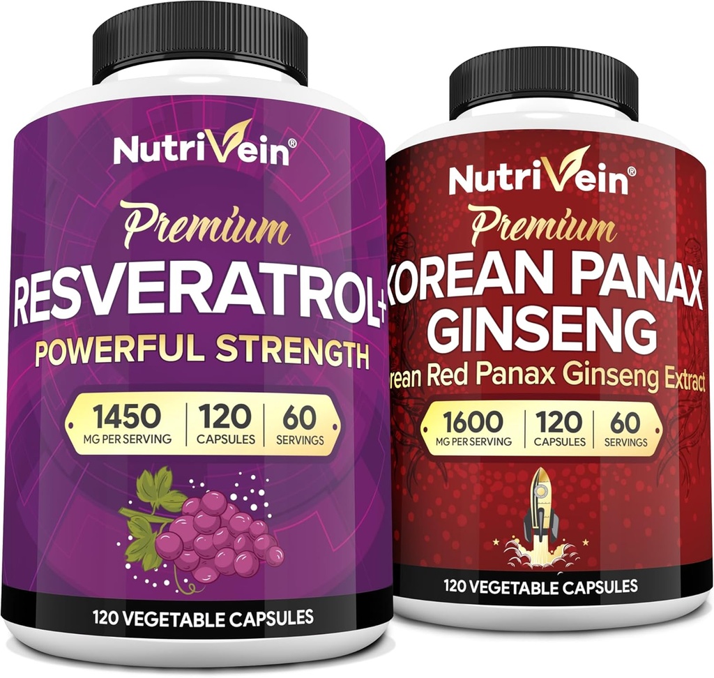 Nutrivein Premium Korean Panax Ginseng Suplemento " Resveratrol Supplement Bundle: High-Absorption Resveratrol Capsules " Ginseng for Brain, Defenses, Repair, " Vitality