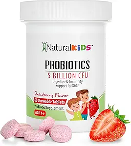 Probióticos para niños Salud Digestiva, Apoyo Inmunitario &amp; Niños Suplementos de Salud Gut con 5 Billones CFU para niños Edad 3 Arriba - Fresa Sabor 60 Tablas Probióticas Chewable