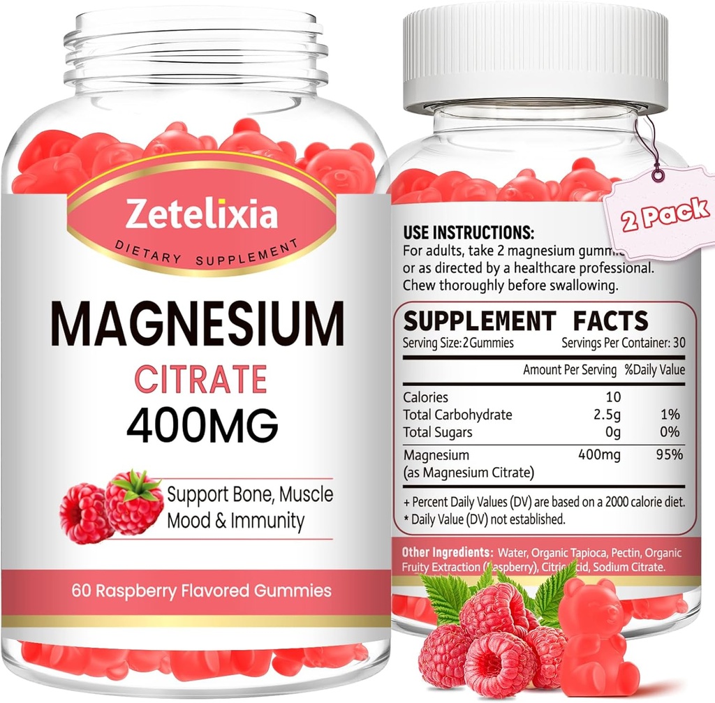 2 Pack Magnesium Citrate Gummies 400MG, Alta Absorción Magnesio Gummies para adultos, Muscle &amp; Teeth Support, Vegan 120 Cts