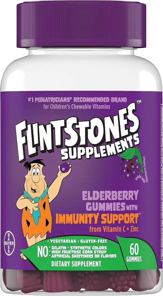 Flintstones Vitaminas Gummies de Elderberry para Niños con Inmunidad Soporte de Vitamina C & Zinc, Immune Support Gummies, Multivitamin para Niños, Gluten Free, 60 Condes
