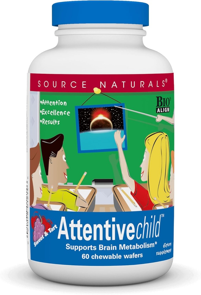 Fuente Naturals Attentive Child - Nutrientes cognitivos saludables para niños activos - Enfoque mejorado " Atención con DMAE, Magnesio, Zinc " Grape Seed Extract - 60 Chewable Wafers.