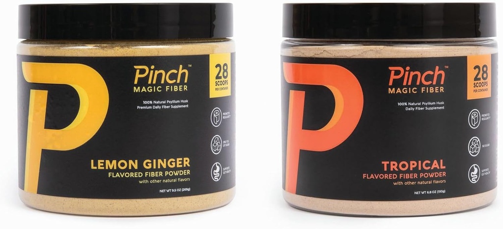Pinch Magic Fiber Silencioso Prebiótico Suplemento para la Salud Digestiva TEN Psyllium Husk Powder TEN Keto, Vegan, Sugar-Free TEN Tropical & Lemon Ginger Flavors TEN USA-Made TEN 28-Day Supply for All